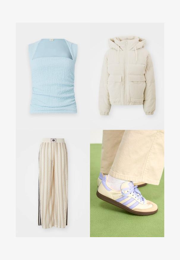 Bežist õhukesest korduurkangast puffer-jakk, millel on lukuga eesmine osa, kapuuts ja kaks esipokkot. Omab ribatekstuuri ja elastseid mansette.; Hele sinine ilma varrukateta topp, mis on varustatud tekstuuriga kogumisega disainiga ja kontrastse siledaga paneeliga kaeluses.; Kreemivärvilised lai säärega püksid, millel on siksakmustrit, must logoga vööp ja külgmised mustad triibud. Kerge, tekstureeritud kangas.; Kreemi ja lavendlivärvi tenniset, millel on kolm triipu ja tekstuuriga pruun tall, varustatud paelte ja pehmendatud kontsaga. Pehme kangast ülemine osa.