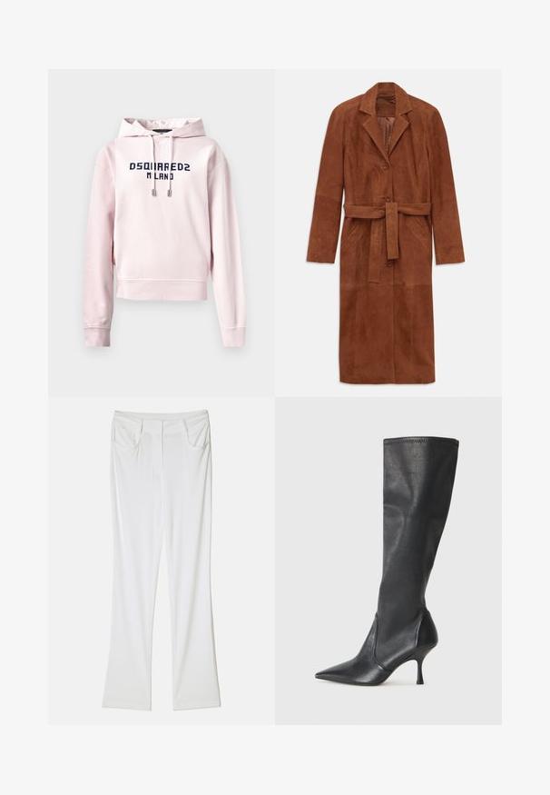 Hnedý semišový trenčkot s dlhými rukávmi, dvoma prednými vreckami, zapínaním na gombík a zodpovedajúcim látkovým opaskom. Obsahuje zúbkovaný golier.; Ružový skrátený mikina vyrobená z mäkkej látky, s predným grafickým motívom v námorníckej farbe, na ktorom je nápis "DSQUARED2 MILANO". Nastaviteľná šnúrka na kapucni.; Biele zvonové nohavice s hladkou textúrou látky, ktoré majú dvojité predné vrecká a prešitý pás pre priliehavý vzhľad.; Čierne kožené čižmy do výšky kolien s špicatou špičkou a úzkym stiletto podpätkom. Hladká textúra s priliehavým dizajnom a prešitím na vrchnom okraji.