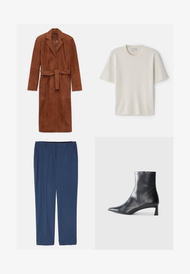 Bruine suède trenchcoat met lange mouwen, twee voorzakken, een knoopsluiting en een bijpassende stoffen riem. Voorzien van een notch-kraag.; Crème t-shirt met korte mouwen en een ronde halslijn, gemaakt van zacht materiaal, met een rechte snit en minimale details.; Theory TREECA - Broek - ash blue; Zwarte leren enkellaars met een spitse neus en een slank ontwerp. Heeft een lage hak en een ritssluiting aan de achterkant. Gladde textuur.