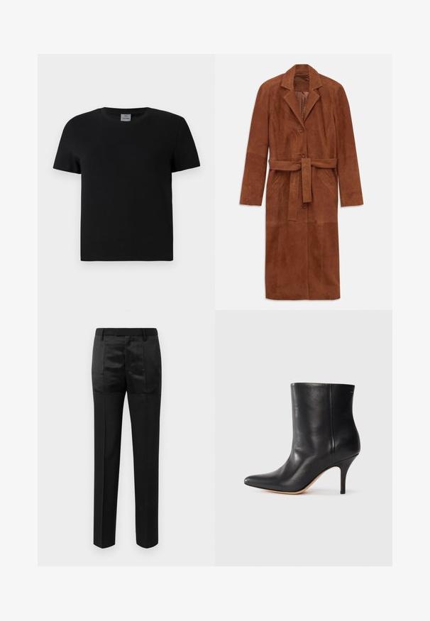 Brun mocka trench coat med långa ärmar, två framfickor, knäppning med knappar och ett matchande tygbälte. Har en spetskrage.; Svart bomullströja med rund halsringning och korta ärmar. Enkla design, inga mönster eller accenter, med rak skärning vid midjan.; Svarta skräddarsydda byxor med raka ben och midjeband med bälteshällor, som har en blandning av matta och skinande tygpaneler.; Svart läderankelboot med spetsig tå, smal stilettklack och slät yta. Minimalistisk design utan synlig hårdvara eller dekorationer.