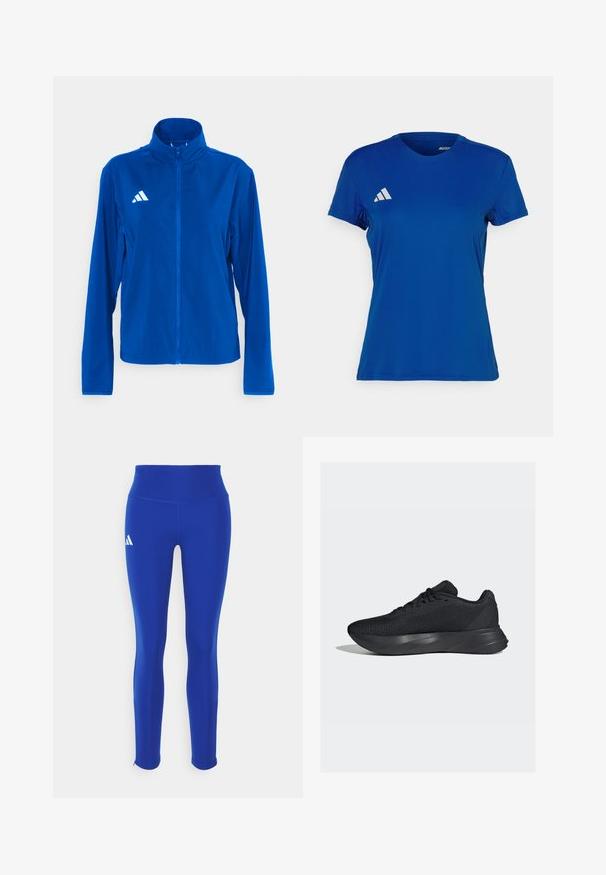 adidas Performance ADIZERO ESSENTIALS - Giacca da running - team royal blue; Maglietta sportiva blu a maniche corte con collo rotondo; realizzata in tessuto leggero; presenta un logo Adidas bianco sulla spalla sinistra.; Leggings atletici blu con vita alta, realizzati in materiale elastico, con un logo bianco sull'anca sinistra e orli discreti.; Scarpe da ginnastica nere con tomaia in rete, superficie texturizzata e intersuola sagomata per il supporto. Presentano un sistema di allacciatura tradizionale e un tallone imbottito.