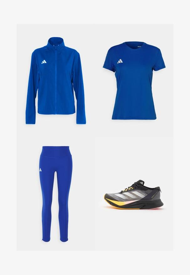 adidas Performance ADIZERO ESSENTIALS - Jachetă sport - team royal blue; Tricou athletic scurt, cu maneci scurte, de culoare albastră, cu un guler rotund; fabricat dintr-un material ușor; prezintă un logo Adidas alb pe umărul stâng.; Leggings atletice albastre cu talie înaltă, realizate dintr-un material elastic, având un logo alb pe șoldul stâng și tivuri discrete.; adidas Performance ADIZERO BOSTON 12 - Pantofi de alergare pe asfalt - core black/zero metallic/spark