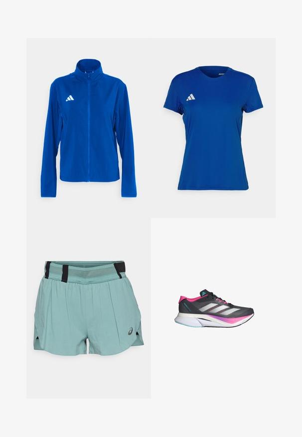 adidas Performance ADIZERO ESSENTIALS - Běžecká bunda - team royal blue; Modrá sportovní triko s krátkým rukávem a kulatým výstřihem; vyrobeno z lehkého materiálu; na levém rameni má bílé logo Adidas.; ASICS METARUN SPLIT SHORT - Sportovní kraťasy - celadon; Běžecká obuv s šedým síťovaným svrškem, růžovými akcenty a bílými pruhy. Disponuje odpruženou podrážkou a štíhlým, aerodynamickým designem.