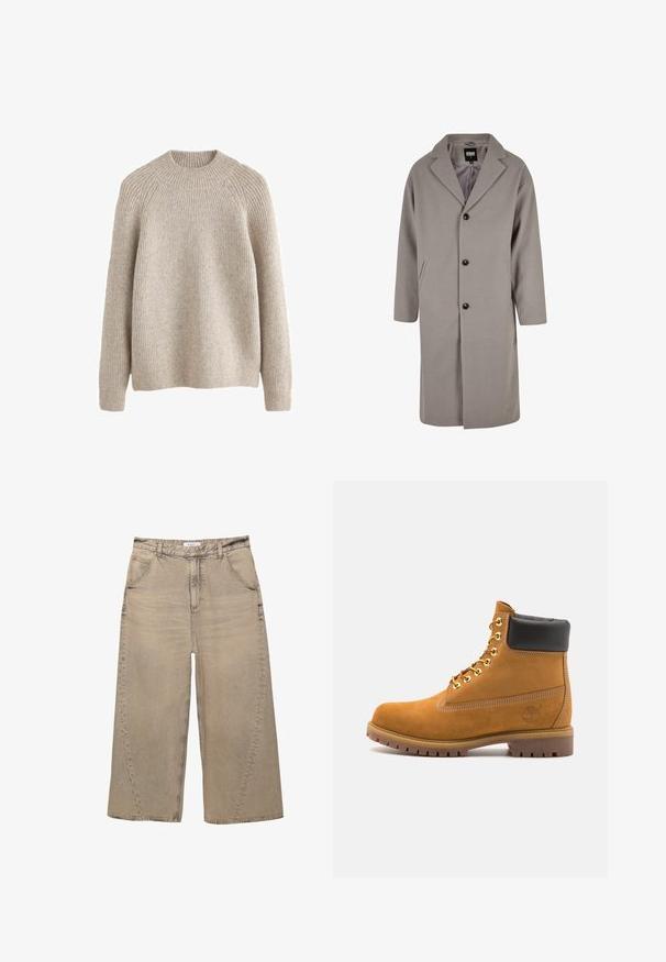 Lys grå, knælang frakk lavet af et blødt materiale, med en klapkrave, knaplukning og to sidelommer.; Lys beige ribbet sweater med høj, rund hals og lange ærmer. Blød tekstur og afslappet pasform, med raglanærmer.; To sorte bomulds t-shirts med korte ærmer, rund halsudskæring og en glat tekstur, vist stablet sammen.; PULL&BEAR MEGA BAGGY - Baggy jeans - light grey; Tan nubuck ankelstøvle med sort polstret krave, gyldne metaløjer, hvid syning detaljer og robust gummisål med udtalte slidbaner.