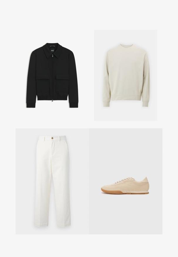 Black bomber jacket with a collared neck, zip front, and two large flap pockets. Features ribbed cuffs and hem, made of textured fabric.; Light beige sweatshirt made of soft fabric with a crew neck, long sleeves, and ribbed cuffs and hem. Minimalist design, no visible patterns.; White tailored pants made of cotton, featuring a straight leg design, front pockets, and a button closure at the waist. Smooth texture.; Beige suede sneakers with a streamlined design, featuring a textured upper, rounded toe, and a rubber sole with a zigzag pattern.