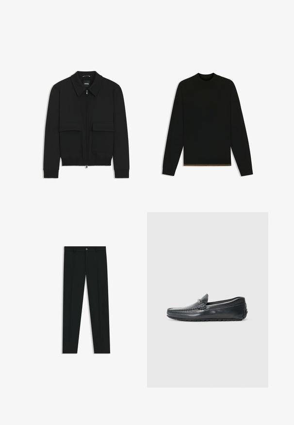 Black bomber jacket with a collared neck, zip front, and two large flap pockets. Features ribbed cuffs and hem, made of textured fabric.; Black knit sweater with long sleeves and a high neck. Features a gold accent at the hem. Smooth texture and fitted design.; Black dress pants with a straight-leg design, made of smooth fabric. Features a front button closure and belt loops. Plain without patterns.; Black leather loafers with a glossy finish, rounded toe, and decorative hardware on the front. Low-profile rubber sole. Smooth texture.