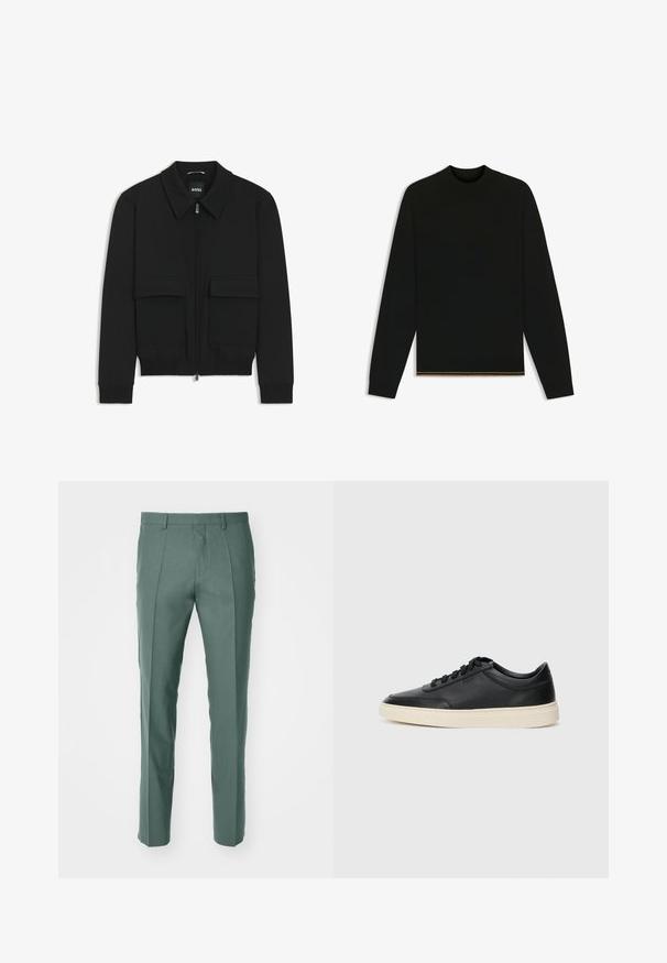Black bomber jacket with a collared neck, zip front, and two large flap pockets. Features ribbed cuffs and hem, made of textured fabric.; Black knit sweater with long sleeves and a high neck. Features a gold accent at the hem. Smooth texture and fitted design.; Tailored trousers in a muted green color, made of textured fabric, featuring a straight leg design and subtle front pleats.; Black low-top leather sneaker with black laces and off-white sole shown in side profile on white background.
