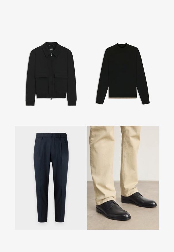 Giacca bomber nera con colletto, chiusura a zip frontale e due grandi tasche con patta. Presenta polsini e orlo a costine, realizzata in tessuto testurizzato.; Maglione nero in maglia con maniche lunghe e colletto alto. Presenta un dettaglio dorato all'orlo. Decorato da una trama liscia e design aderente.; Pantaloni blu navy con taglio dritto, dotati di chiusura con bottone, pieghe frontali e fascia elastica in vita per maggiore comfort. Tessuto liscio.; Scarpe stringate in pelle nera con punta arrotondata, finitura liscia e dettagli di cucitura sottili, indossate con pantaloni beige chiaro.