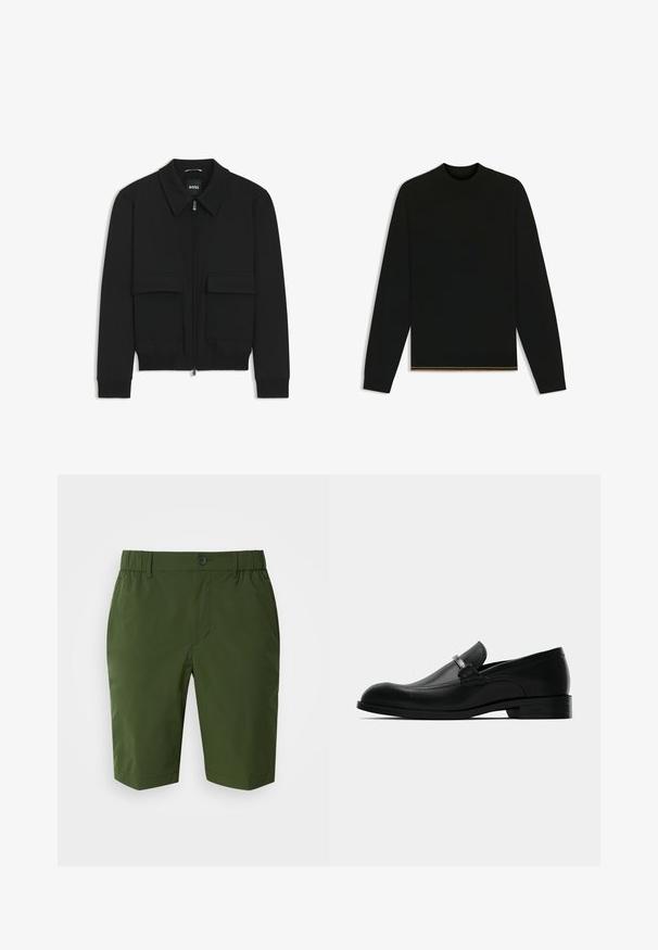 Black bomber jacket with a collared neck, zip front, and two large flap pockets. Features ribbed cuffs and hem, made of textured fabric.; Black knit sweater with long sleeves and a high neck. Features a gold accent at the hem. Smooth texture and fitted design.; Dark green shorts with an elastic waistband and a single button closure. Smooth, lightweight fabric, featuring two side pockets and a tailored fit.; Black leather men's loafer with a metal buckle detail, low heel, and branded sole, shown from the side on a white background.
