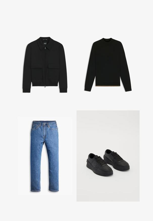 Black bomber jacket with a collared neck, zip front, and two large flap pockets. Features ribbed cuffs and hem, made of textured fabric.; Black knit sweater with long sleeves and a high neck. Features a gold accent at the hem. Smooth texture and fitted design.; Blue denim jeans with a straight cut, featuring five pockets, a button closure, and orange stitching accents on a clean white background.; Black sneakers made of smooth leather with a cushioned sole. Features include flat laces, perforations on the toe, and a sleek silhouette.