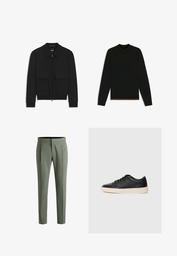 Sort bomberjakke med krave, lynlås foran og to store klaplommer. Har ribbede manchetter og bund, lavet af struktureret stof.; Sort strikket sweater med lange ærmer og høj hals. Har en guldfarvet detalje i kanten. Glat tekstur og tætsiddende design.; Skræddersyede bukser i et afdæmpet grønt stof med en subtil tekstur, lige snit og sidelæg for ekstra detalje.; Sort lavt top lædersneaker med sorte snørebånd og off-white sål vist i sideprofil på hvid baggrund.