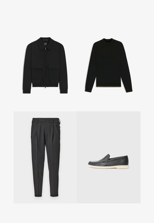 Schwarze Bikerjacke mit Kragen, Reißverschluss vorne und zwei großen Taschen mit Klappen. Mit Rippstrickbündchen und Saum, aus strukturiertem Stoff gefertigt.; Schwarzer Strickpullover mit langen Ärmeln und hohem Kragen. Verfügt über einen goldenen Akzent am Saum. Glatte Textur und taillierte Passform.; Schwarze Hosen aus glattem Stoff mit gefälteltem Vorderteil, elastischem Bund und geraden Beinen mit schmal zulaufendem Saum.; Schwarze Leder-Slipper mit strukturiertem Finish und einer kontrastierenden beige Gummisohle. Mit einem dezenten Akzent an der Vorderseite.
