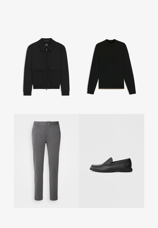 Zwarte bomberjack met een kraag, rits aan de voorkant en twee grote klepzakken. Heeft geribde manchetten en onderrand, gemaakt van textuurstof.; Zwarte gebreide trui met lange mouwen en een hoge nek. Bevat een gouden accent aan de zoom. Gladde textuur en getailleerd ontwerp.; Grijze, op maat gemaakte broek van zachte stof met een gladde textuur, voorzakken en een enkele knoopsluiting aan de tailleband.; Zwarte leren instaploafer met een textuur bovenwerk, ronde neus, lage hak en rubberen zool, weergegeven in zijprofiel op een witte achtergrond.