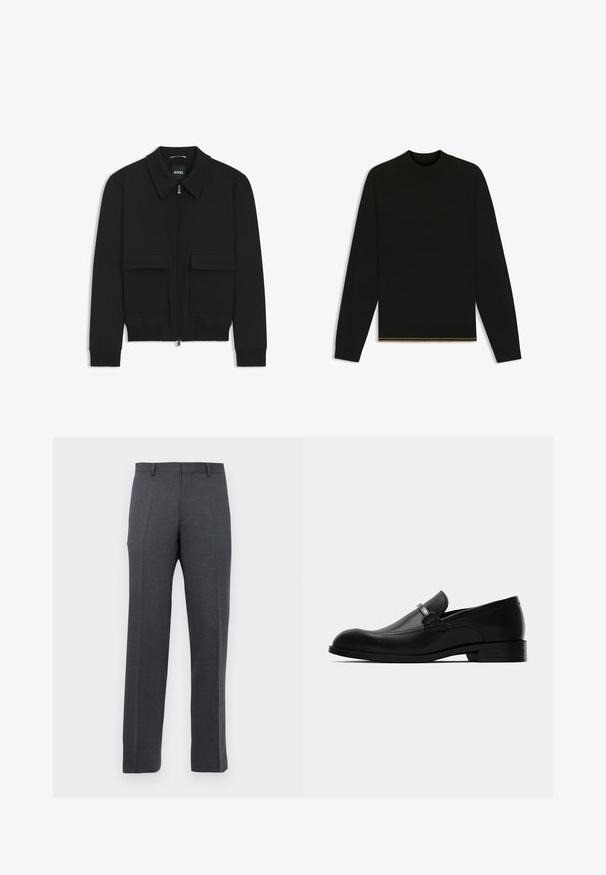 Black bomber jacket with a collared neck, zip front, and two large flap pockets. Features ribbed cuffs and hem, made of textured fabric.; Black knit sweater with long sleeves and a high neck. Features a gold accent at the hem. Smooth texture and fitted design.; Men's dark grey tailored dress pants with belt loops and front creases, displayed against a white background.; Black leather men's loafer with a metal buckle detail, low heel, and branded sole, shown from the side on a white background.