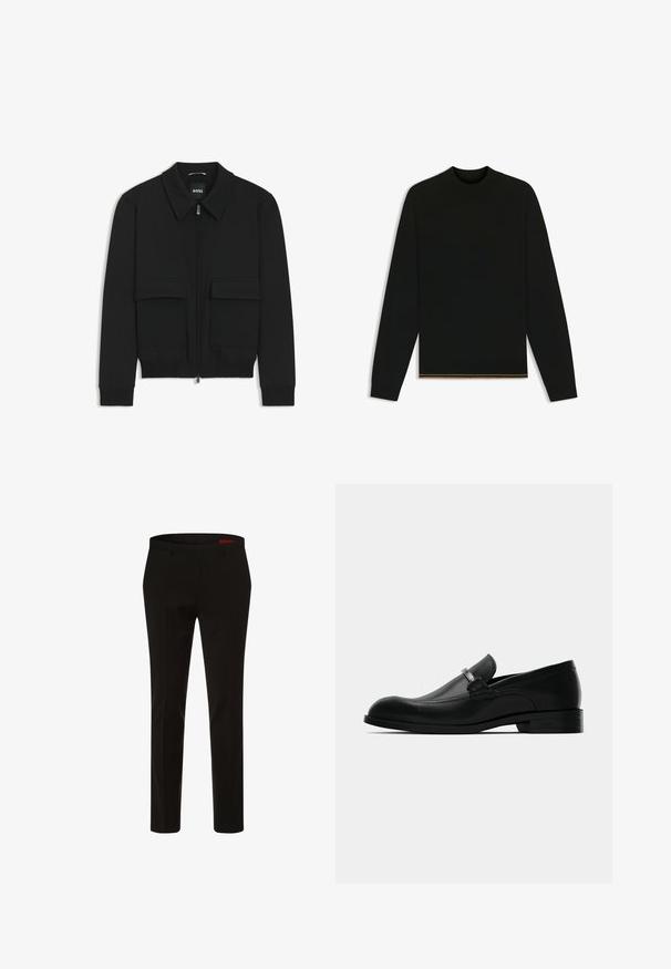 Giacca bomber nera con colletto, chiusura a zip frontale e due grandi tasche con patta. Presenta polsini e orlo a costine, realizzata in tessuto testurizzato.; Maglione nero in maglia con maniche lunghe e colletto alto. Presenta un dettaglio dorato all'orlo. Decorato da una trama liscia e design aderente.; HUGO Pantaloni eleganti - schwarz; Mocassino da uomo in pelle nera con dettaglio in metallo, tacco basso e suola con marchio, mostrato di lato su uno sfondo bianco.