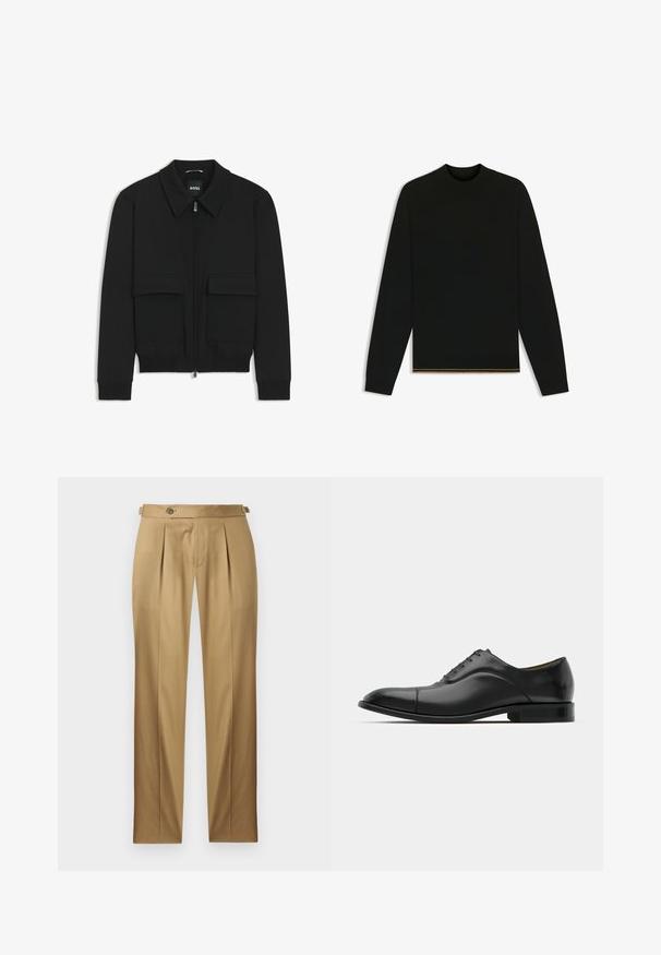 Black bomber jacket with a collared neck, zip front, and two large flap pockets. Features ribbed cuffs and hem, made of textured fabric.; Black knit sweater with long sleeves and a high neck. Features a gold accent at the hem. Smooth texture and fitted design.; Beige trousers with a straight fit, featuring pleats, a button closure, and belt loops. Smooth fabric with a clean, tailored look.; Black leather dress shoe with smooth texture, rounded toe, and five eyelets. Features a low stacked heel and subtle seam detailing.