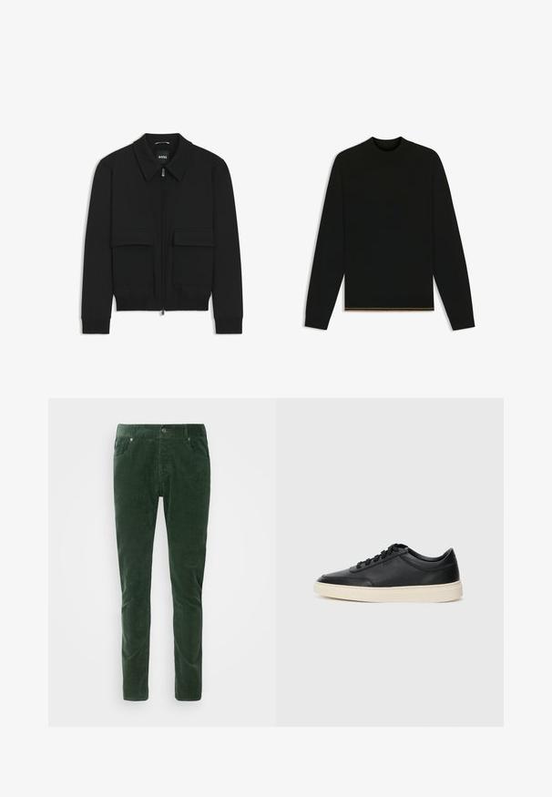 Czarna kurtka bomberka z kołnierzykiem, zapinana na zamek, z dwiema dużymi kieszeniami z klapami. Posiada ściągacze na mankietach i dole, wykonana z teksturowanej tkaniny.; Czarny sweter z dzianiny z długimi rękawami i wysokim kołnierzem. Ma złoty akcent na dolnym brzegu. Gładka tekstura i dopasowany krój.; Zielone spodnie kordowe o prostym kroju. Posiadają pięć kieszeni, metalowy guzik oraz ryflowaną fakturę. Można prać w pralce.; Czarne niskie skórzane sneakersy z czarnymi sznurówkami i off-white podeszwą, prezentowane w profilu bocznym na białym tle.