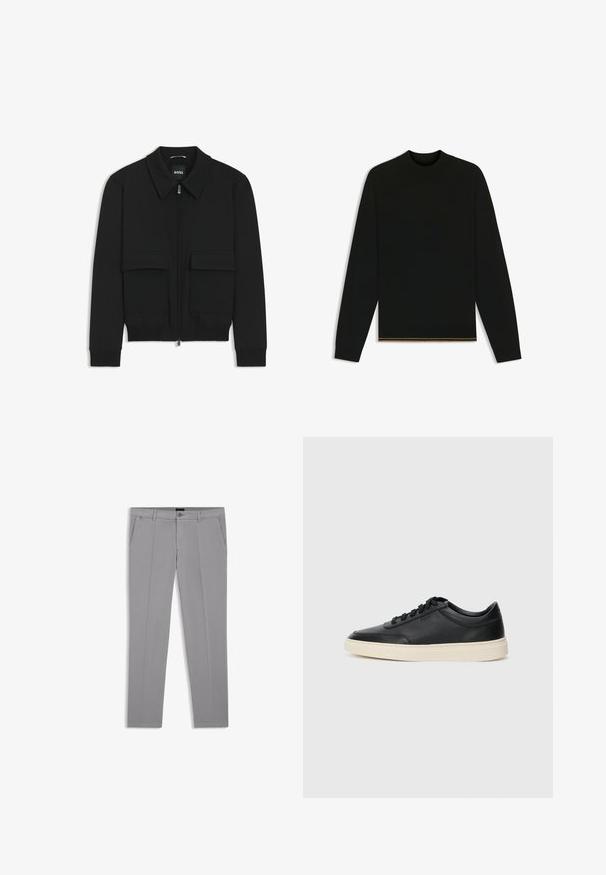 Black bomber jacket with a collared neck, zip front, and two large flap pockets. Features ribbed cuffs and hem, made of textured fabric.; Black knit sweater with long sleeves and a high neck. Features a gold accent at the hem. Smooth texture and fitted design.; Gray trousers made of smooth fabric, featuring a straight-leg design, front pleats, and side pockets. Minimalist style with a button closure.; Black low-top leather sneaker with black laces and off-white sole shown in side profile on white background.