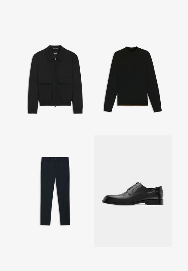 Black bomber jacket with a collared neck, zip front, and two large flap pockets. Features ribbed cuffs and hem, made of textured fabric.; Black knit sweater with long sleeves and a high neck. Features a gold accent at the hem. Smooth texture and fitted design.; Navy blue, tailored trousers made of smooth fabric; features front pockets, belt loops, and a button closure. Straight-leg design.; Black leather dress shoe featuring a rounded toe, smooth texture, minimal seams, and a flat sole with subtle branding on the heel.