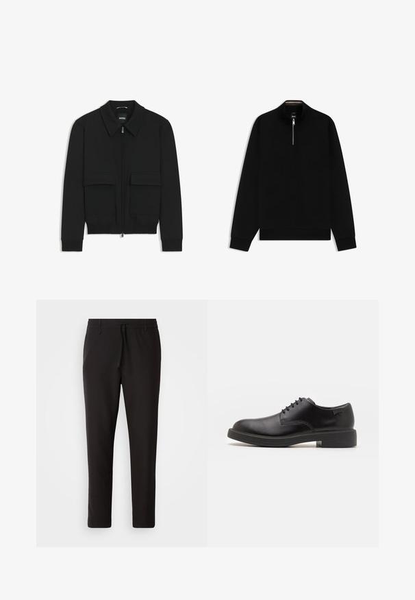 Zwarte bomberjack met een kraag, rits aan de voorkant en twee grote klepzakken. Heeft geribde manchetten en onderrand, gemaakt van textuurstof.; Zwarte sweatshirt met hoge kraag, halve rits en gestreepte details bij de nek. Gladde textuur en lange mouwen. Casual ontwerp.; Zwarte joggingsbroek van gladde stof. Kenmerkt zich door een elastische tailleband met een trekkoord, taps toelopende benen en geen zichtbare zakken. Eenvoudig ontwerp.; Zwarte leren veterschoen met een ronde neus, een gladde textuur, minimale stiksels en een lage rubberen hak. Logo op de hak.