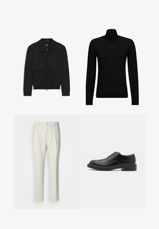 Zwarte bomberjack met een kraag, rits aan de voorkant en twee grote klepzakken. Heeft geribde manchetten en onderrand, gemaakt van textuurstof.; Zwarte coltrui van zacht materiaal, met lange mouwen en een snug fit. Geribbelde afwerking aan de onderkant en mouwen. Eenvoudig ontwerp.; Pantalons met plooien van lichte stof, met een crème basis en dunne blauwe verticale strepen. Omgeslagen zoom en een enkele knop aan de voorkant.; Zwarte leren veterschoen met een ronde neus, een gladde textuur, minimale stiksels en een lage rubberen hak. Logo op de hak.