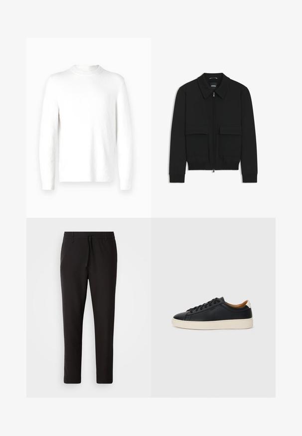 Giacca bomber nera con colletto, chiusura a zip frontale e due grandi tasche con patta. Presenta polsini e orlo a costine, realizzata in tessuto testurizzato.; Maglione bianco a maniche lunghe con tessuto testurizzato e collo rotondo. Il design è minimalista, senza pattern o accenti visibili.; Pantaloni jogger neri realizzati in tessuto liscio. Presentano una vita elasticizzata con stringa, gambe affusolate e senza tasche visibili. Design semplice.; Sneakers in pelle nera con una texture liscia, suola in gomma beige, design con lacci e un accento del tacco in contrasto.