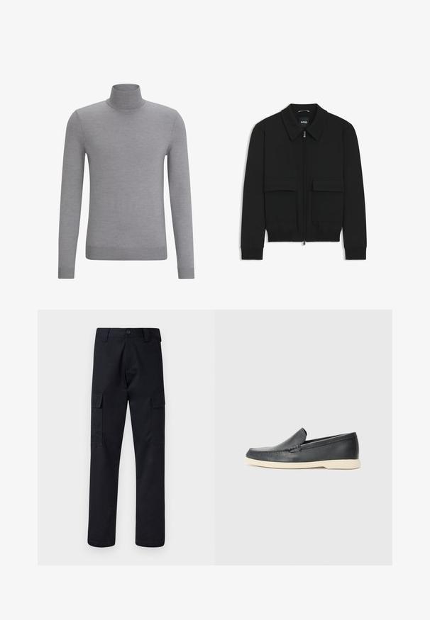 Zwarte bomberjack met een kraag, rits aan de voorkant en twee grote klepzakken. Heeft geribde manchetten en onderrand, gemaakt van textuurstof.; HUGO SAN THOMAS - Trui - silver; Zwarte cargobroek van stevig materiaal, met een rechte pijp, twee zijzakken en een knoopsluiting bij de taille.; Zwarte leren instappers met een gestructureerde afwerking en een contrasterende beige rubberen zool. Beschikt over een subtiele accent langs de voorkant.