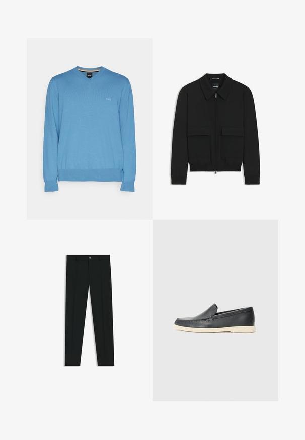 Schwarze Bikerjacke mit Kragen, Reißverschluss vorne und zwei großen Taschen mit Klappen. Mit Rippstrickbündchen und Saum, aus strukturiertem Stoff gefertigt.; Hellblaues V-Ausschnitt-Pullover mit gerippter Textur, langen Ärmeln und einem schmalen Bündchen. Verfügt über ein kleines Logo auf der Brust.; Schwarze Anzughosen mit geradem Bein, aus glattem Stoff. Mit Knopfverschluss vorne und Gürtelschlaufen. Schlicht ohne Muster.; Schwarze Leder-Slipper mit strukturiertem Finish und einer kontrastierenden beige Gummisohle. Mit einem dezenten Akzent an der Vorderseite.