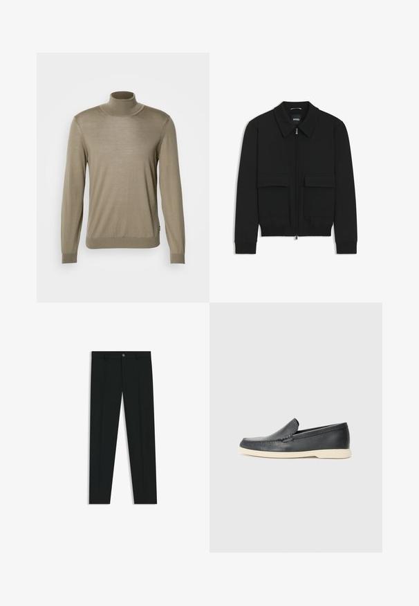 Zwarte bomberjack met een kraag, rits aan de voorkant en twee grote klepzakken. Heeft geribde manchetten en onderrand, gemaakt van textuurstof.; Beige coltrui, gemaakt van dun, geribbeld materiaal. Lange mouwen met aansluitende manchetten en een rechte zoom aan de onderkant. Eenvoudig ontwerp, geen patronen.; Zwarte dresspants met een recht pasvorm, gemaakt van een gladde stof. Heeft een sluiting met een knoop aan de voorkant en ceintuurlussen. Effen zonder patronen.; Zwarte leren instappers met een gestructureerde afwerking en een contrasterende beige rubberen zool. Beschikt over een subtiele accent langs de voorkant.