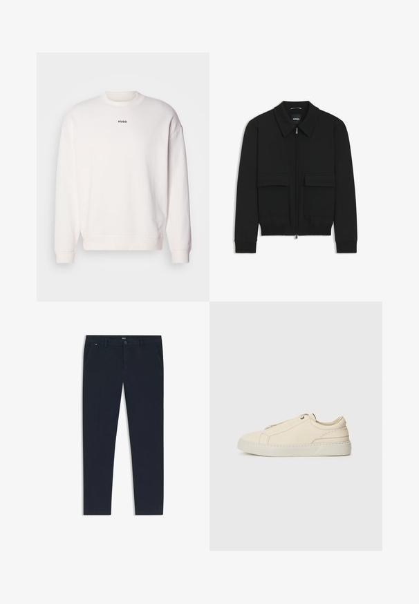 Giacca bomber nera con colletto, chiusura a zip frontale e due grandi tasche con patta. Presenta polsini e orlo a costine, realizzata in tessuto testurizzato.; Felpa bianca a girocollo realizzata in morbido misto cotone, con una vestibilità rilassata, polsini a coste e logo "HUGO" in nero sul petto.; Pantaloni blu navy realizzati in tessuto leggero, con un design a gamba dritta, tasche laterali e chiusura frontale con bottone e dettaglio del marchio.; Sneaker in pelle beige con punta arrotondata, design minimalista, dettagli di cucitura sottili e una parte superiore testurizzata, su una suola chiara.