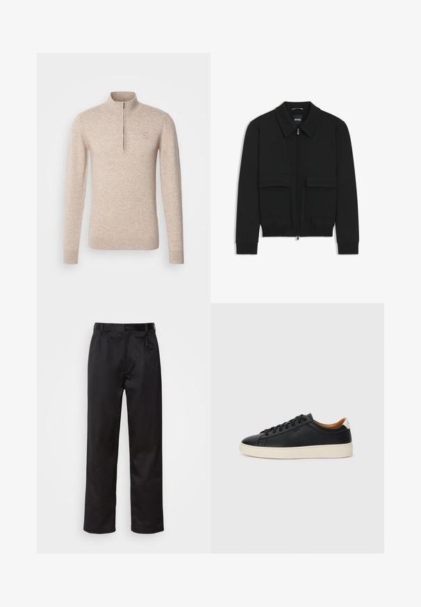 Schwarze Bikerjacke mit Kragen, Reißverschluss vorne und zwei großen Taschen mit Klappen. Mit Rippstrickbündchen und Saum, aus strukturiertem Stoff gefertigt.; INDICODE JEANS Strickpullover - beige mix; Schwarze Hosen aus glattem Stoff, mit einem Knopfverschluss vorne, Falten und geraden Beinen. Keine sichtbaren Muster oder Akzente.; Schwarze Ledersneaker mit glatter Textur, beiger Gummisohle, Schnürdesign und einem kontrastierenden Fersenakzent.