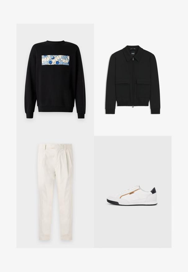 Czarna kurtka bomberka z kołnierzykiem, zapinana na zamek, z dwiema dużymi kieszeniami z klapami. Posiada ściągacze na mankietach i dole, wykonana z teksturowanej tkaniny.; Czarna bluza z wyściółką, z centralnym prostokątnym panelem w niebiesko-białym abstrakcyjnym wzorze. Rybowe mankiety i dół nadają jej strukturalność.; Białe, plisowane spodnie o dopasowanym kroju, z gładką fakturą, szlufkami na pasek i zwężanymi nogawkami. Brak widocznych kieszeni lub wzorów.; Białe buty sportowe z siateczkowymi i skórzanymi akcentami. Posiadają złote logo "BOSS", teksturowane boczne panele i czapkę pięty w kolorze czarnym. Gumowa podeszwa.