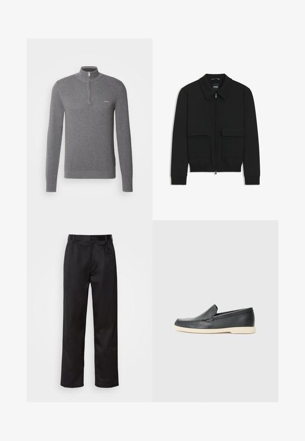 Black bomber jacket with a collared neck, zip front, and two large flap pockets. Features ribbed cuffs and hem, made of textured fabric.; Gray long-sleeve pullover sweater with a half-zip collar, textured knit pattern, and a small logo on the left chest.; Black trousers made of smooth fabric, featuring a front button closure, pleats, and straight legs. No visible patterns or accents.; Black leather slip-on loafers with a textured finish and a contrasting beige rubber sole. Features a subtle accent along the front.