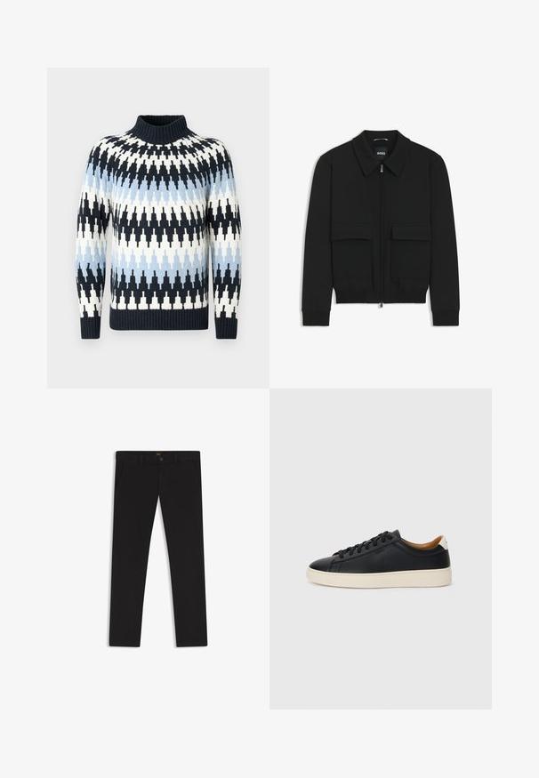 Schwarze Bikerjacke mit Kragen, Reißverschluss vorne und zwei großen Taschen mit Klappen. Mit Rippstrickbündchen und Saum, aus strukturiertem Stoff gefertigt.; Strickpullover mit hohem Kragen in Blau, Weiß und Schwarz, mit einem Zickzackmuster sowie gerippten Bündchen und Saum.; Schwarze Hosen aus einem Stoff mit glatter текстуре. Verfügt über einen Knopfverschluss, Gürtelschlaufen und Seitentaschen. Klassisches Design mit geradem Bein.; Schwarze Ledersneaker mit glatter Textur, beiger Gummisohle, Schnürdesign und einem kontrastierenden Fersenakzent.