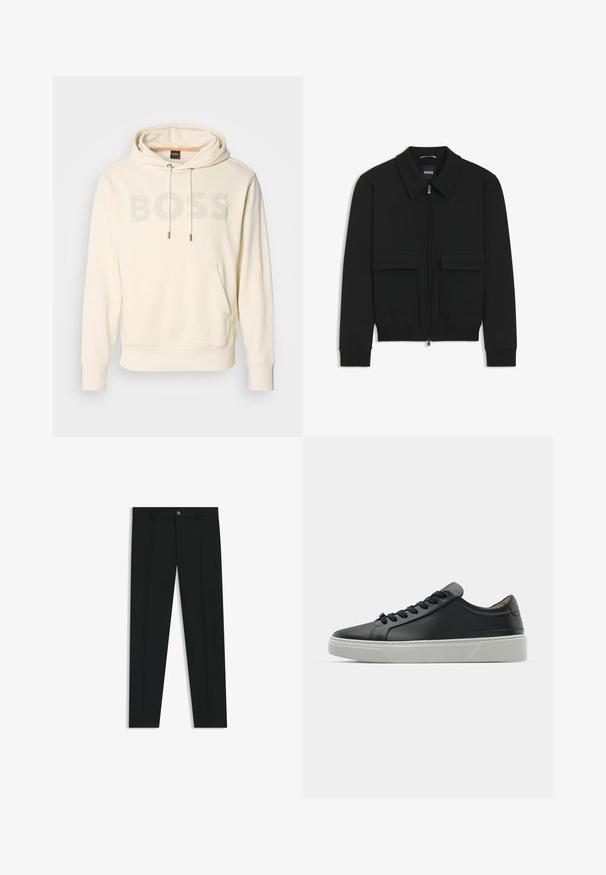Black bomber jacket with a collared neck, zip front, and two large flap pockets. Features ribbed cuffs and hem, made of textured fabric.; Cream hoodie with a kangaroo pocket, drawstring hood, and large gray "BOSS" logo. Features ribbed cuffs and hem for a fitted look.; Black dress pants with a straight-leg design, made of smooth fabric. Features a front button closure and belt loops. Plain without patterns.; Black leather sneaker with a smooth texture, round toe, and black laces. Features a thick, white rubber sole with subtle geometric accents.