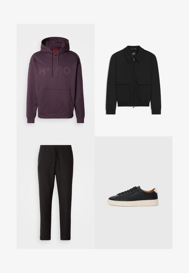 Giacca bomber nera con colletto, chiusura a zip frontale e due grandi tasche con patta. Presenta polsini e orlo a costine, realizzata in tessuto testurizzato.; HUGO DITCHLE - Felpa - open purple; Pantaloni jogger neri realizzati in tessuto liscio. Presentano una vita elasticizzata con stringa, gambe affusolate e senza tasche visibili. Design semplice.; Sneakers in pelle nera con una texture liscia, suola in gomma beige, design con lacci e un accento del tacco in contrasto.