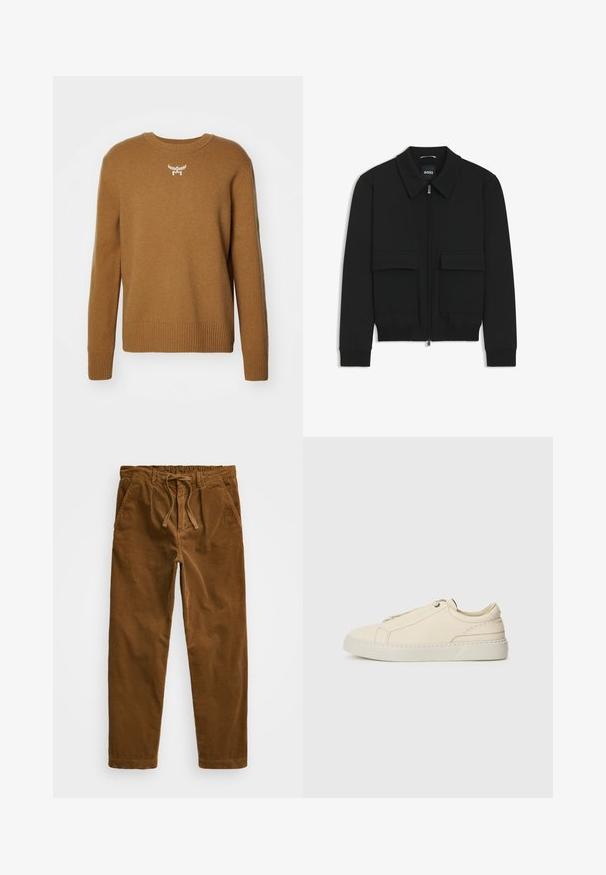 Schwarze Bikerjacke mit Kragen, Reißverschluss vorne und zwei großen Taschen mit Klappen. Mit Rippstrickbündchen und Saum, aus strukturiertem Stoff gefertigt.; Brauner Pullover mit Rundhalsausschnitt, gerippten Bündchen und Saum, aus weichem Stoff gefertigt, mit einem kleinen weißen Logo-Emblem auf der Brust.; Braune Cordhosen mit einem elastischen Bund und Zugband, seitlichen Taschen und geraden Beinen mit strukturiertem Rippenmuster.; Beige Leder Sneaker mit runder Zehenpartie, minimalistischem Design, subtilen Nähten und strukturiertem Obermaterial auf einer hellen Sohle.