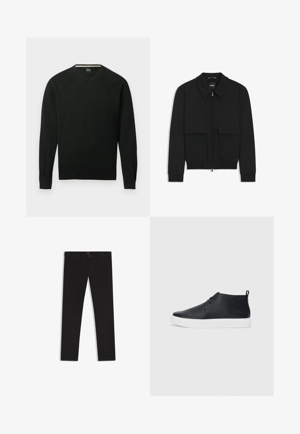 Giacca bomber nera con colletto, chiusura a zip frontale e due grandi tasche con patta. Presenta polsini e orlo a costine, realizzata in tessuto testurizzato.; Maglione nero a maniche lunghe con scollo a V, polsini e orlo a costine, con il logo "BOSS" sottile sul petto a sinistra.; Pantaloni neri realizzati in tessuto con una superficie liscia. Presentano una chiusura con bottone, passanti per cintura e tasche laterali. Design a gamba dritta standard.; Sneakers alte in pelle nera con finitura liscia, suola in gomma bianca e un design semplice con lacci. Presentano un occhiello sul retro.