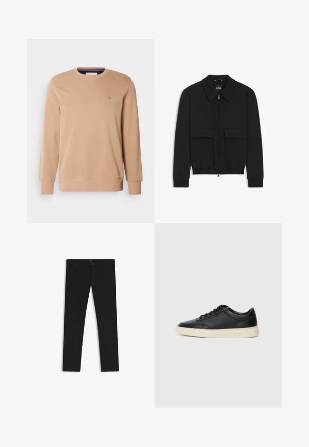 Schwarze Bikerjacke mit Kragen, Reißverschluss vorne und zwei großen Taschen mit Klappen. Mit Rippstrickbündchen und Saum, aus strukturiertem Stoff gefertigt.; GANT SHIELD C NECK - Sweatshirt - warm khaki; Schwarze Hosen aus einem Stoff mit glatter текстуре. Verfügt über einen Knopfverschluss, Gürtelschlaufen und Seitentaschen. Klassisches Design mit geradem Bein.; Schwarzer niedriger Ledersneaker mit schwarzen Schnürsenkeln und cremefarbenem Sohlenrand, seitlich auf weißem Hintergrund dargestellt.