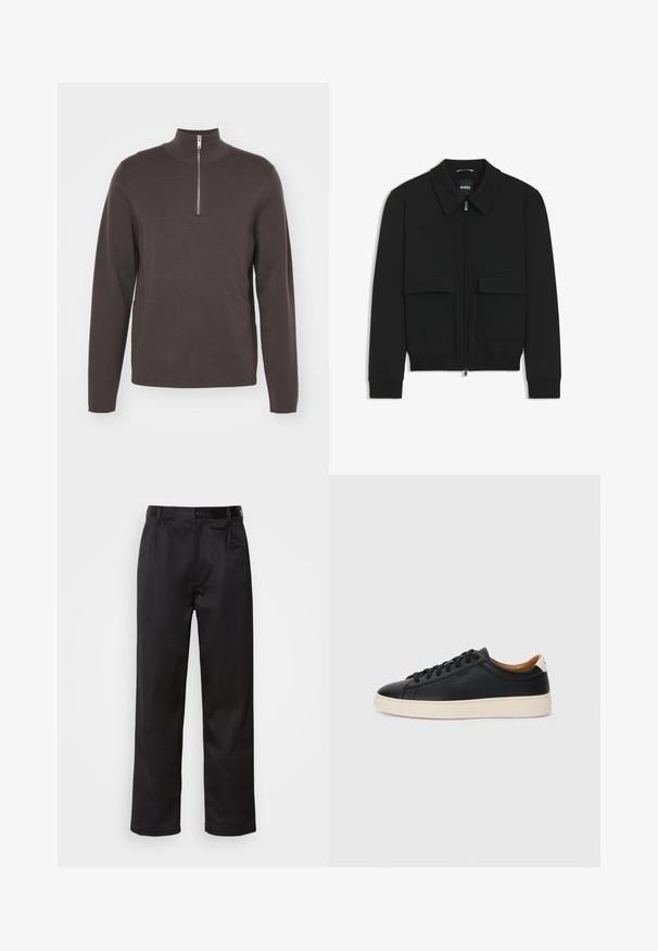 Schwarze Bikerjacke mit Kragen, Reißverschluss vorne und zwei großen Taschen mit Klappen. Mit Rippstrickbündchen und Saum, aus strukturiertem Stoff gefertigt.; Dunkelgrauer Pullover mit langen Ärmeln, hohem Kragen und halblangem Reißverschluss. Hergestellt aus einem weichen, strukturierten Material. Einfaches, minimalistisches Design.; Schwarze Hosen aus glattem Stoff, mit einem Knopfverschluss vorne, Falten und geraden Beinen. Keine sichtbaren Muster oder Akzente.; Schwarze Ledersneaker mit glatter Textur, beiger Gummisohle, Schnürdesign und einem kontrastierenden Fersenakzent.