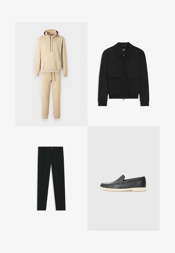 Chaqueta bomber negra con cuello tipo camisa, cierre frontal de cremallera y dos grandes bolsillos con solapa. Presenta puños ribeteados y dobladillo, confeccionada en tela texturizada.; Conjunto de sudadera y pantalones deportivos beige, hecho de un tejido suave. La sudadera cuenta con un cordón y un bolsillo delantero; los pantalones deportivos tienen una cintura elástica.; Pantalones de vestir negros con un diseño de pierna recta, hechos de una tela suave. Cuentan con un cierre frontal de botón y lazos para cinturón. Liso, sin patrones.; Mocasines de piel negra sin cordones con un acabado texturizado y una suela de goma beige en contraste. Presentan un sutil acento en la parte frontal.