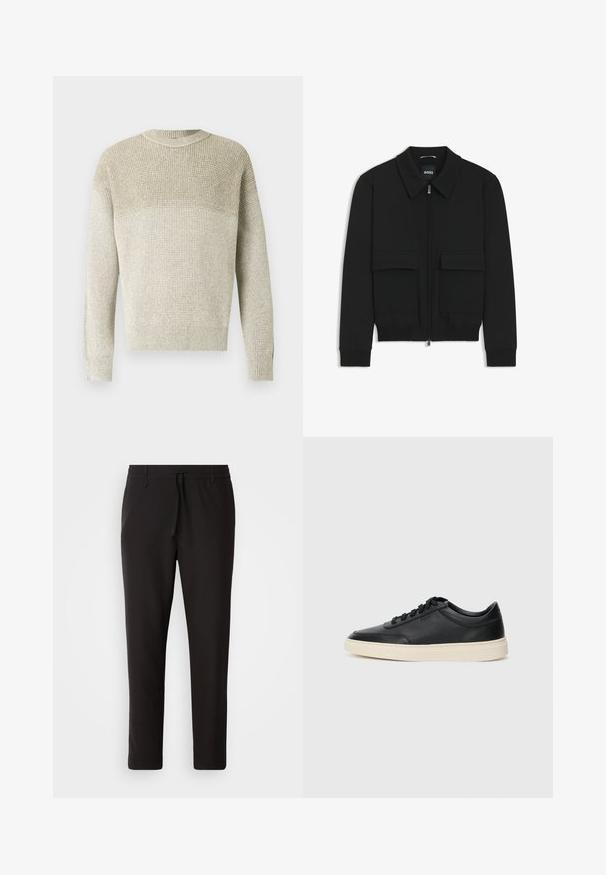 Black bomber jacket with a collared neck, zip front, and two large flap pockets. Features ribbed cuffs and hem, made of textured fabric.; Light beige knit sweater with a crew neck, featuring a textured pattern, ribbed cuffs and hem, and a subtle gradient effect.; Black jogger pants made of smooth fabric. Feature an elastic waistband with a drawstring, tapered legs, and no visible pockets. Simple design.; Black low-top leather sneaker with black laces and off-white sole shown in side profile on white background.