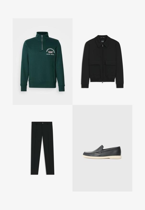 Giacca bomber nera con colletto, chiusura a zip frontale e due grandi tasche con patta. Presenta polsini e orlo a costine, realizzata in tessuto testurizzato.; Felpa a collo alto verde scuro con zip a quarto, polsini e orlo a costine, e logo testuale bianco "GANT American Sportswear New Haven Connecticut" sul petto.; Pantaloni neri in tessuto lisci, con design a gamba dritta. Presentano una chiusura frontale con bottone e passanti per cintura. Senza fantasie.; Mocassini neri in pelle con finitura testurizzata e suola in gomma beige a contrasto. Presentano un accento sottile lungo la parte anteriore.