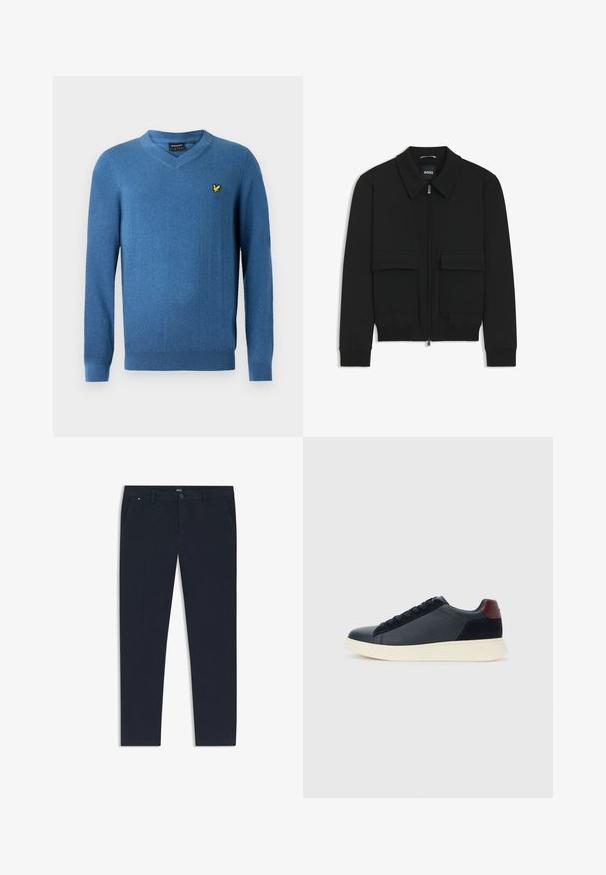 Musta pommikohva takki, jossa on kauluskulli, vetoketju etupuolella ja kaksi suurta läpällistä taskua. Varustettu ribbireunuksilla hihoissa ja helmassa, valmistettu teksturoituneesta kankaasta.; Vaaleansininen V-kaula-aukollinen pitkiä hihoja oleva neulepusero, valmistettu pehmeästä materiaalista, jossa on pieni keltainen kirjailtu logo rinnassa.; Laevänsiniset housut, jotka on valmistettu kevyestä kankaasta, sisältävät suoran lahkeen muotoilun, sivutaskut ja edessä nappikohdan brändityyliin.; Miestne bežecké tenisky s nízkym strihom v čiernej koži a semišovej úprave s bordovým jazykom a bielou gumovou podrážkou, pohľad z vonkajšej strany.