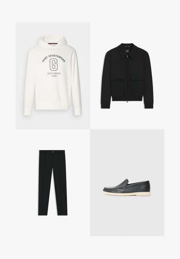 Giacca bomber nera con colletto, chiusura a zip frontale e due grandi tasche con patta. Presenta polsini e orlo a costine, realizzata in tessuto testurizzato.; Felpa bianca con cappuccio caratterizzata dal testo "GANT SPORTSWEAR" e un grande logo "G" in blu navy, con polsini e orlo a coste. Tessuto morbido.; Pantaloni neri in tessuto lisci, con design a gamba dritta. Presentano una chiusura frontale con bottone e passanti per cintura. Senza fantasie.; Mocassini neri in pelle con finitura testurizzata e suola in gomma beige a contrasto. Presentano un accento sottile lungo la parte anteriore.