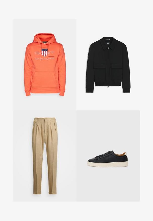 Musta pommikohva takki, jossa on kauluskulli, vetoketju etupuolella ja kaksi suurta läpällistä taskua. Varustettu ribbireunuksilla hihoissa ja helmassa, valmistettu teksturoituneesta kankaasta.; GANT ARCHIVE SHIELD - Huppari - orange; Vaaleat pellavahousut suoralinjaisella leikkauksella, joissa on kaksi etukaitaletta, nappikiinnitys ja sivutaskut. Rakenteellinen kangas, jossa on sileä pinta.; Mustat nahkasneakerit, joissa on sileä pinta, beige kumipohja, nauhakiinnitys ja erottuva kanta-aksentti.