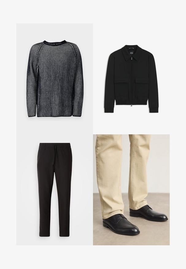 Zwarte bomberjack met een kraag, rits aan de voorkant en twee grote klepzakken. Heeft geribde manchetten en onderrand, gemaakt van textuurstof.; Gehaakte trui met marineblauwe en witte verticale strepen, ronde halslijn en lange mouwen. Kenmerken zijn een geribbelde textuur en raglanontwerp.; Zwarte joggingsbroek van gladde stof. Kenmerkt zich door een elastische tailleband met een trekkoord, taps toelopende benen en geen zichtbare zakken. Eenvoudig ontwerp.; Zwarte leren veterschoenen met een ronde neus, een gladde afwerking en subtiele stikdetails, gedragen met lichtbeige broeken.