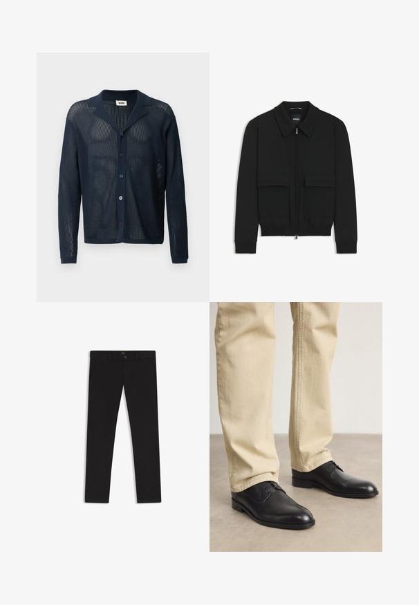 Czarna kurtka bomberka z kołnierzykiem, zapinana na zamek, z dwiema dużymi kieszeniami z klapami. Posiada ściągacze na mankietach i dole, wykonana z teksturowanej tkaniny.; Granatowy kardigan z siateczki, dziany z kołnierzem, zapinany z przodu na guziki i z długimi rękawami, o lekkiej, oddychającej strukturze.; Czarne spodnie uszyte z materiału o gładkiej teksturze. Posiadają zapięcie na guzik, szlufki na pasek oraz boczne kieszenie. Standardowy krój prostych nogawek.; Czarne skórzane buty na sznurówki z zaokrąglonym czubkiem, gładkim wykończeniem i subtelnymi detalami szycia, noszone z jasnobeżowymi spodniami.