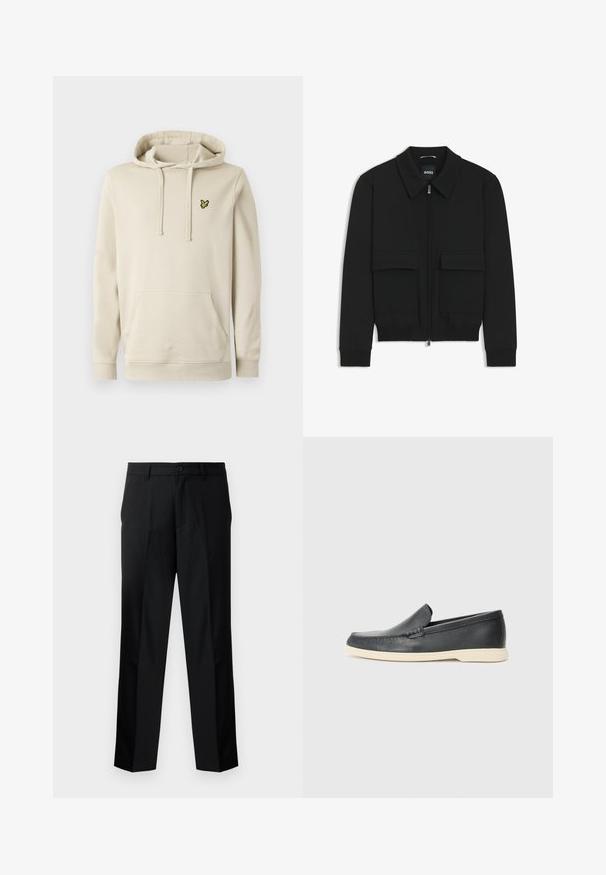 Schwarze Bikerjacke mit Kragen, Reißverschluss vorne und zwei großen Taschen mit Klappen. Mit Rippstrickbündchen und Saum, aus strukturiertem Stoff gefertigt.; Hellbeige Kapuzenpullover aus weichem Stoff mit einer vorderen Kängurutasche, verstellbaren Zugbändern und einem kleinen gelben gestickten Logo.; Schwarze, maßgeschneiderte Hosen mit geradem Schnitt, ausgestattet mit einem Knopfverschluss, Reißverschluss und Gürtelschlaufen. Glatter Stoff mit seitlichen Taschen.; Schwarze Leder-Slipper mit strukturiertem Finish und einer kontrastierenden beige Gummisohle. Mit einem dezenten Akzent an der Vorderseite.