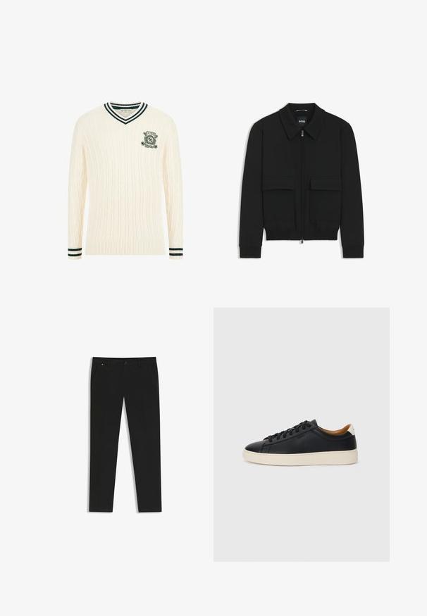 Giacca bomber nera con colletto, chiusura a zip frontale e due grandi tasche con patta. Presenta polsini e orlo a costine, realizzata in tessuto testurizzato.; Maglione a trecce crema con scollo a V, dotato di polsini a righe verdi e un logo ricamato sul petto. Tessuto morbido e design aderente.; Pantaloni neri realizzati in tessuto liscio, con un design a gamba dritta, tasche laterali, chiusura con bottone frontale e un discreto dettaglio di branding.; Sneakers in pelle nera con una texture liscia, suola in gomma beige, design con lacci e un accento del tacco in contrasto.